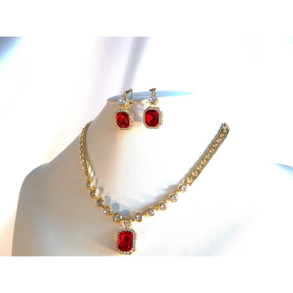 Red rhinestone pendent 3pc necklace set,wedding MOB prom party formal necklace